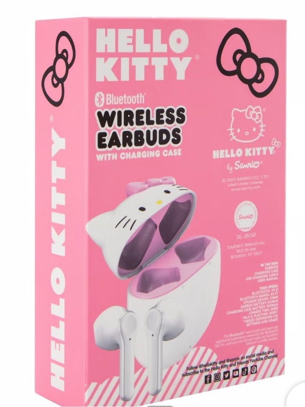 NIB Hello Kitty Pink and White Wireless Earbuds with Charging Case